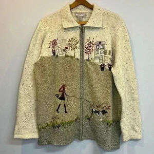 Tanjay Cotton Blend Sweater Full Zip Cottage  Dog Plants Long Sleeve Embroidered